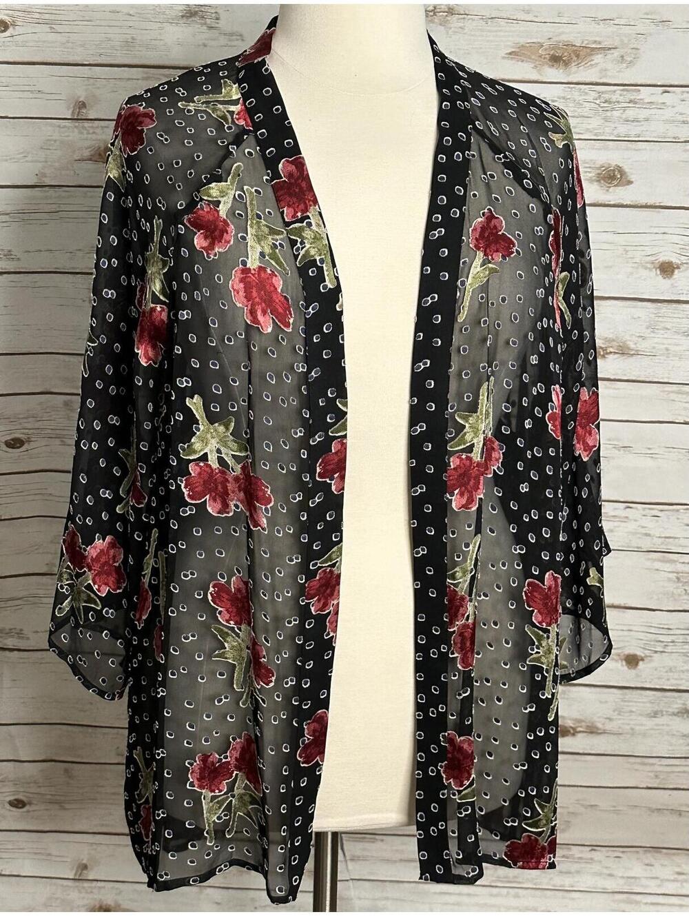 True Craft sheer floral open front kimono cardigan One Size black red whimsigoth